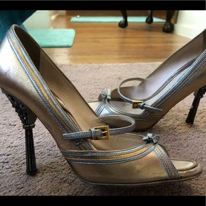 Prada gold with silver piping and gun metal heel